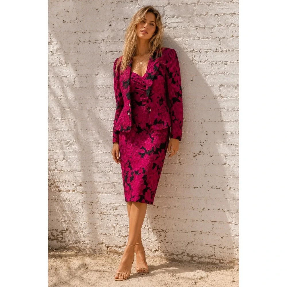 Vintage Rickie Freeman Teri Jon Silk Brocade Strapless Dress Set Fuchsia Black 6